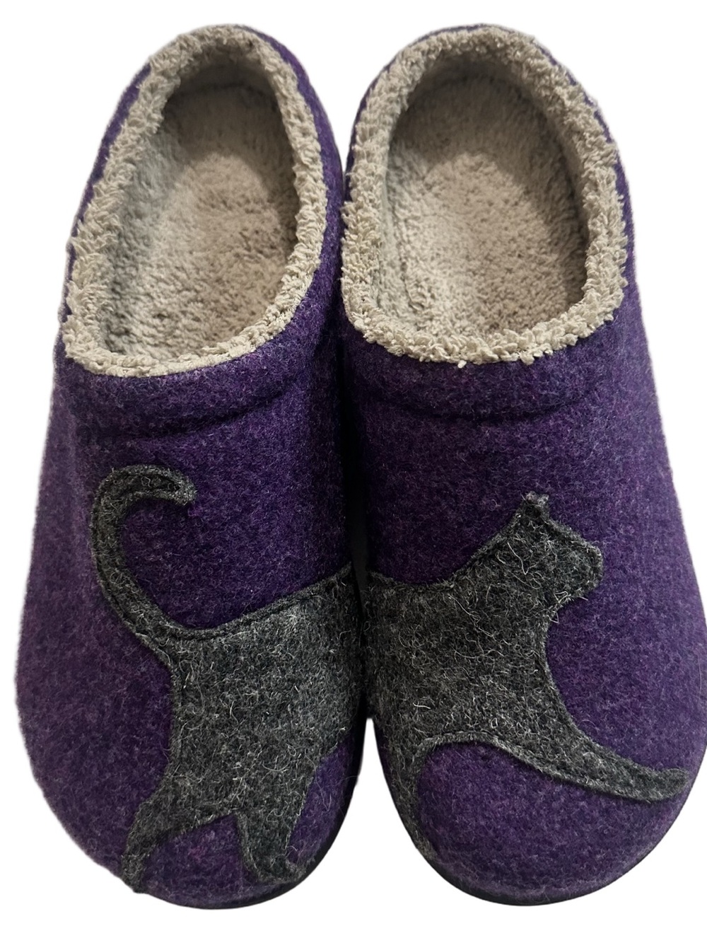 L.L. Bean Purple Gray Felt Cat Motif Appliqué Daybreak Slip-On Slippers Size 10